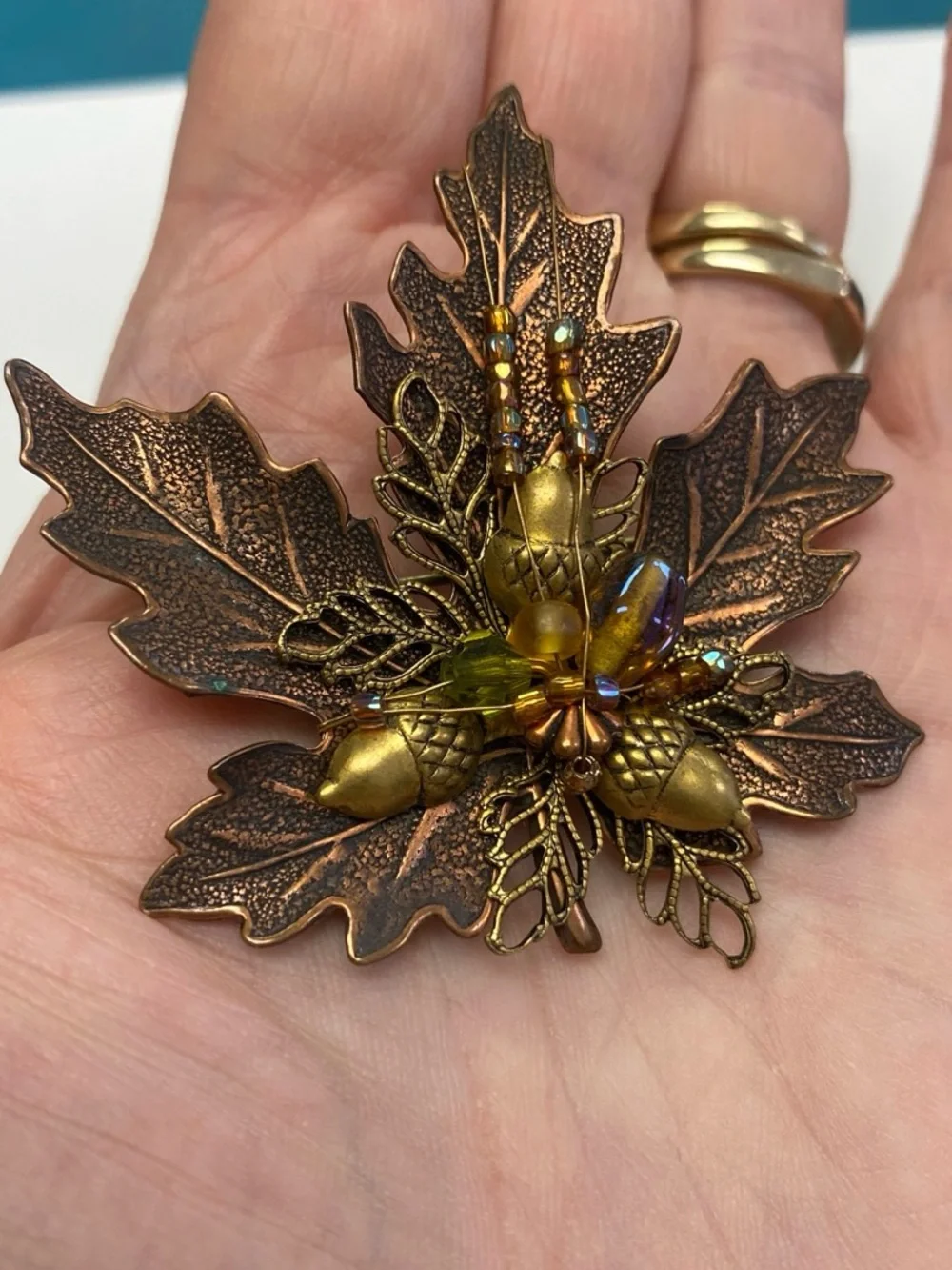 Vintage signed Autumn Leaf Acorn Brooch in Metallic Copper and Gold
